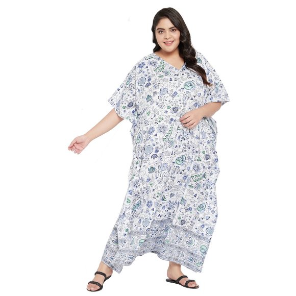 Women Plus Size Fit and Flare Floral Printed White Kaftan Dress by Gypsie Blu - Picture 4 of 9